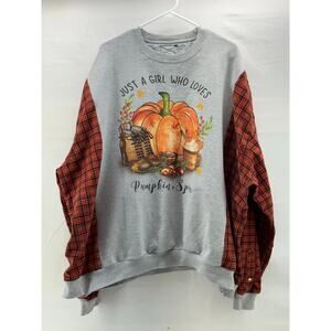 Upcycled 3X flannel/sweatshirt women’s pumpkin spice one of a kind